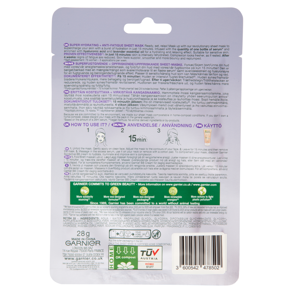 Garnier Maschera in Tessuto SkinActive Hydra Bomb Lavanda, Formula Super Idratante Effetto Relax 28g