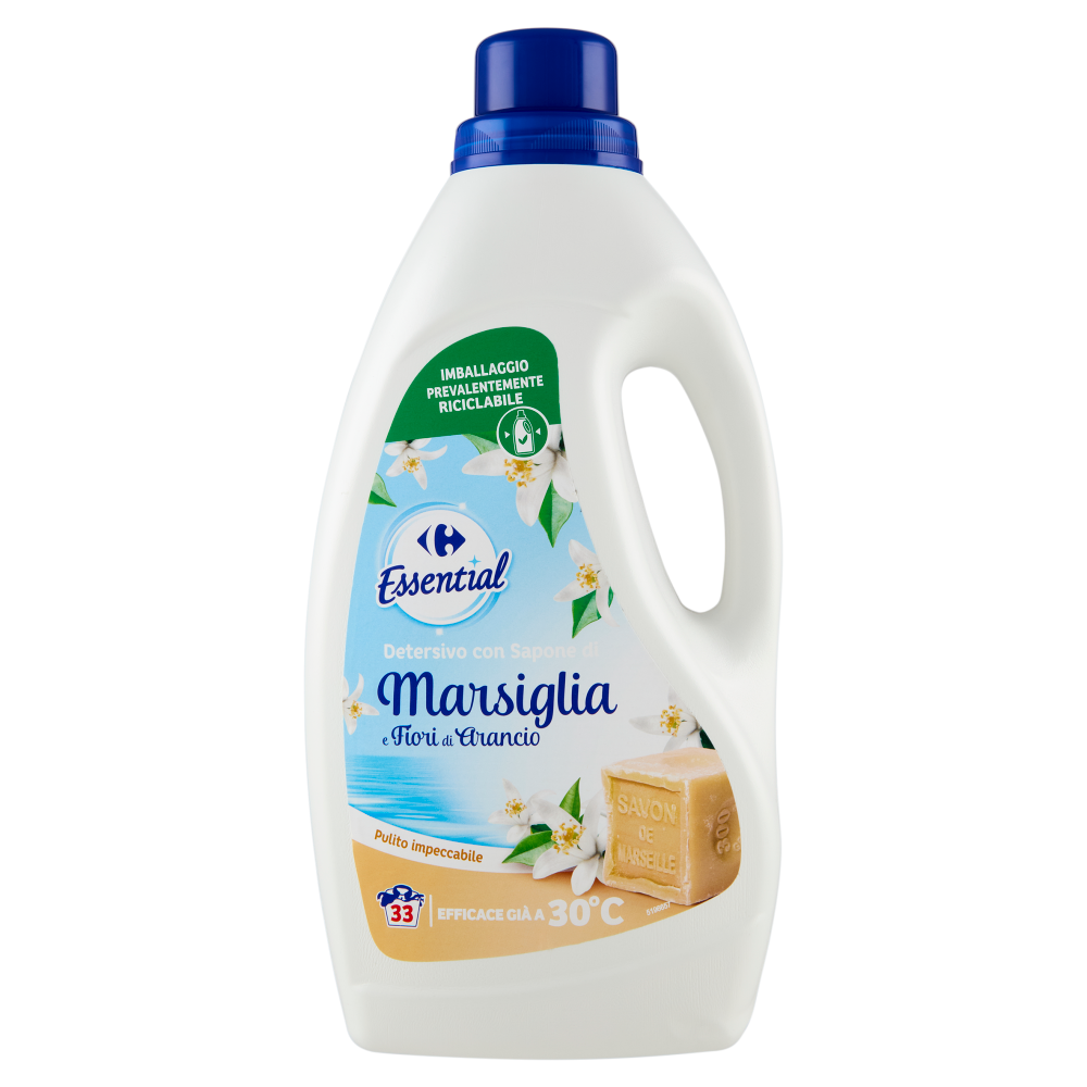 Carrefour Essential Detersivo con Sapone di Marsiglia e Fiori di Arancio 33 Lavaggi 1,485 L