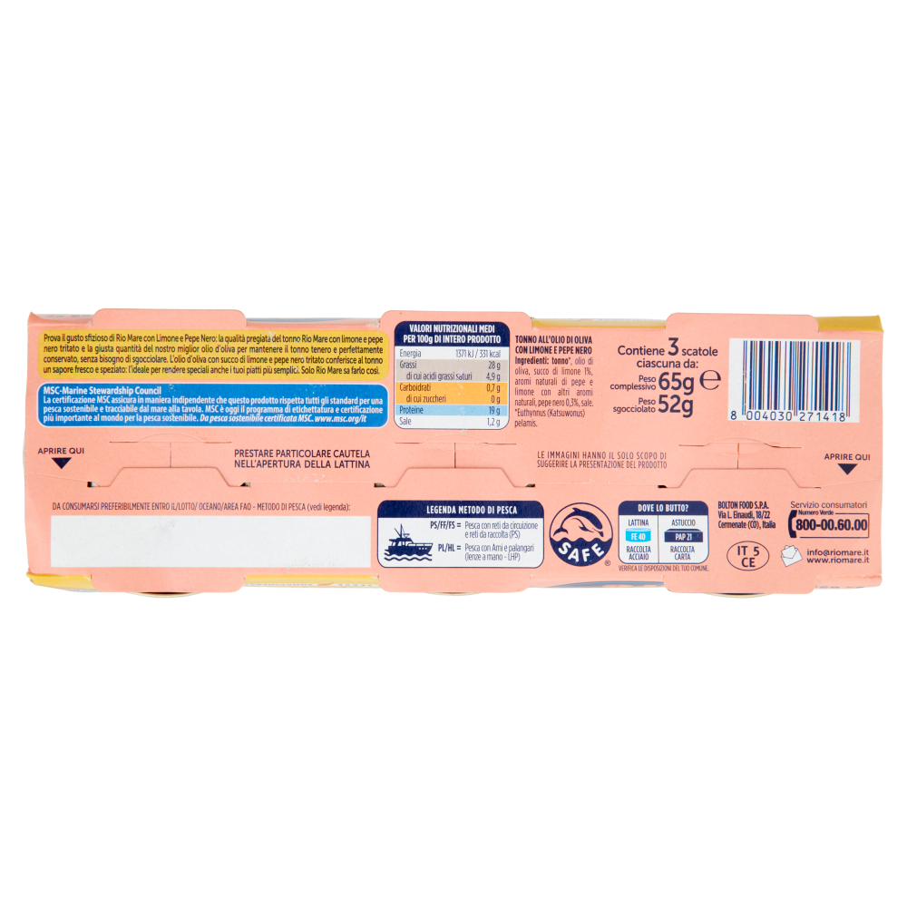 Rio mare Tonno all'Olio di Oliva con Limone e Pepe Nero 3 x 65 g
