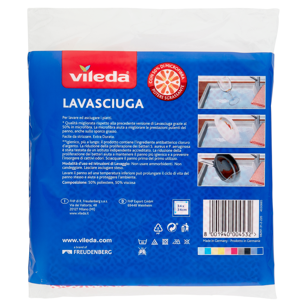 Vileda Lavasciuga - panni multiuso per piatti e stoviglie, con 50% in microfibra, 3x 34x34 cm