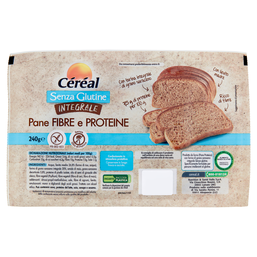 Céréal Pane Fibre e Proteine senza Glutine Integrale, Senza olio di palma e Senza lattosio - 240g