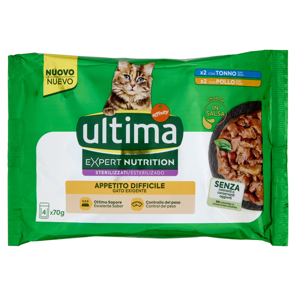 ultima Expert Nutrition Cat Sterilizzati Appetito Difficile con Tonno, con Pollo in Salsa 4 x 70 g