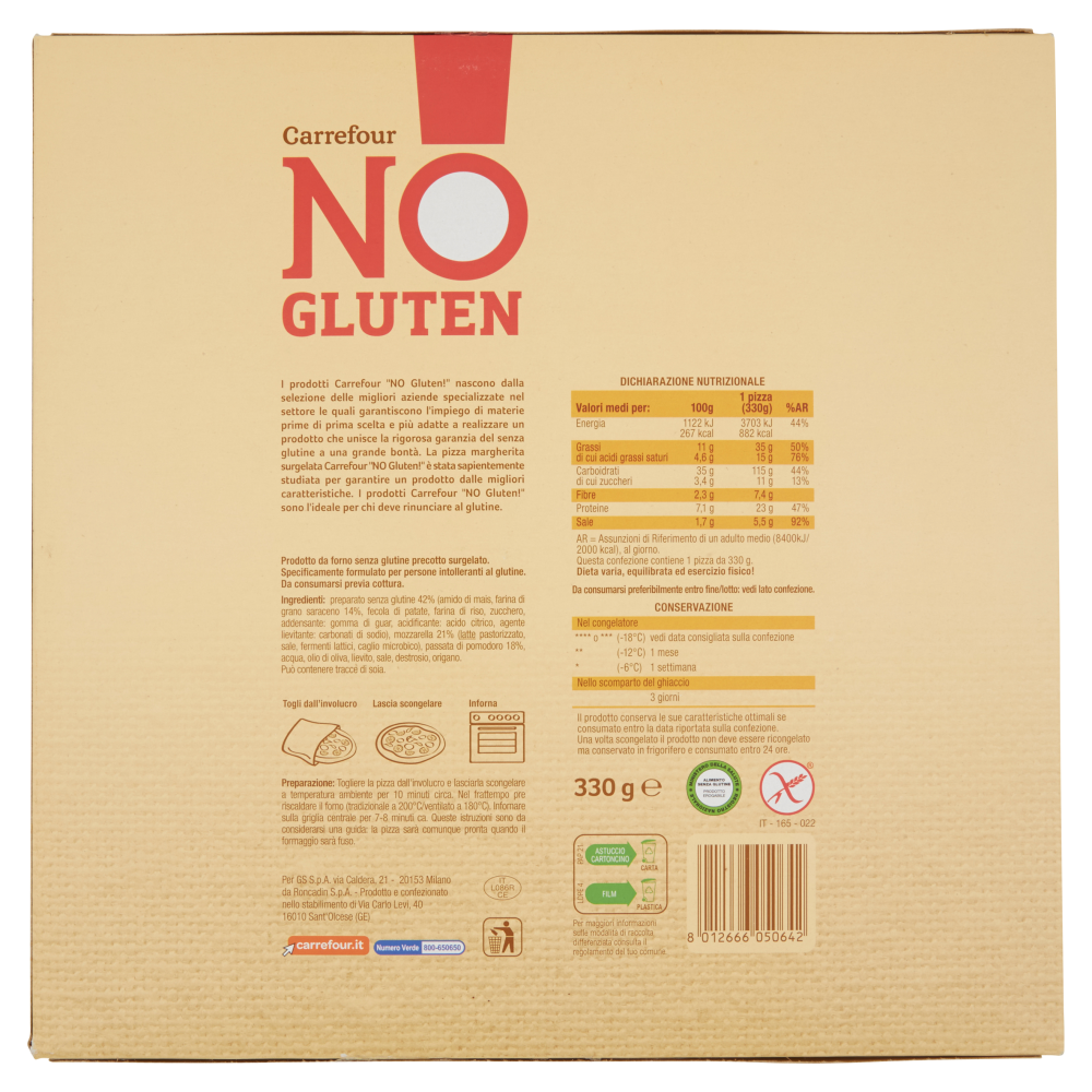 Carrefour No Gluten! Pizza Margherita Surgelata 330 g
