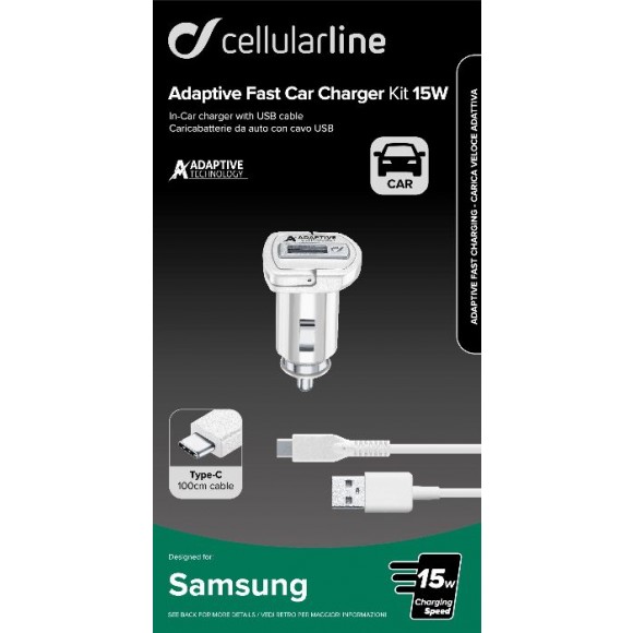 Cellularline Adaptive Fast Car Charger Kit 15W - USB-C - Samsung Caricabatterie da auto adattivo Fast Charger 15W con cavo USB-C