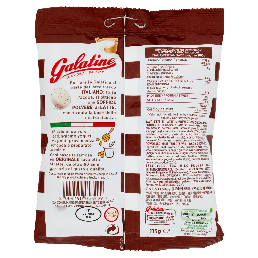 Galatine Tavolette al Latte con Pezzi di Cioccolato 115 g