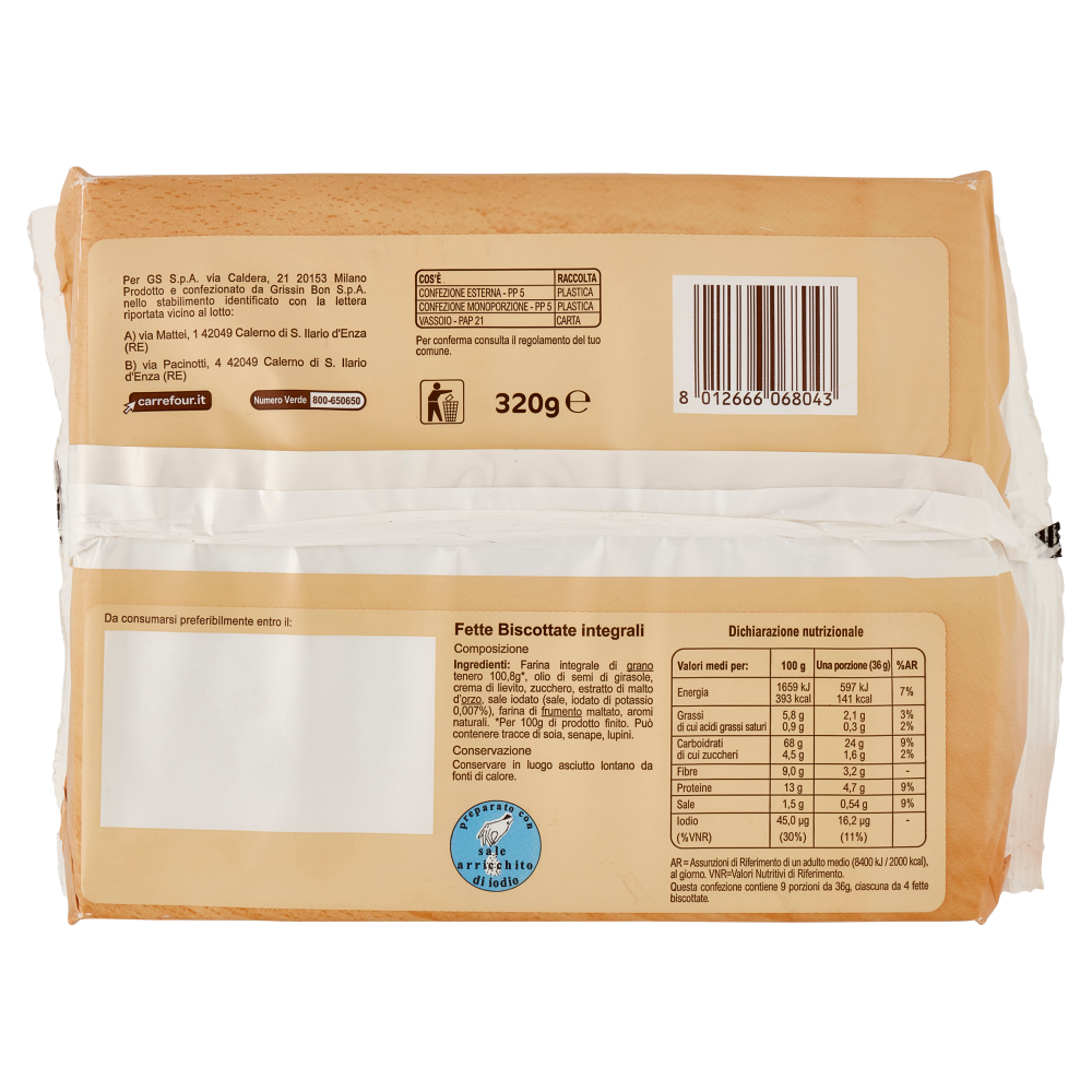 Carrefour Original Fette Biscottate Integrali 9 Monoporzioni 320 g