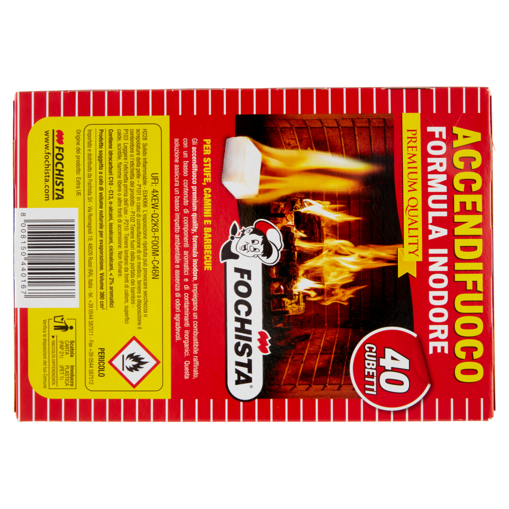 Fochista Accendifuoco Formula Inodore Premium Quality per Stufe, Camini e Barbecue 40 pz