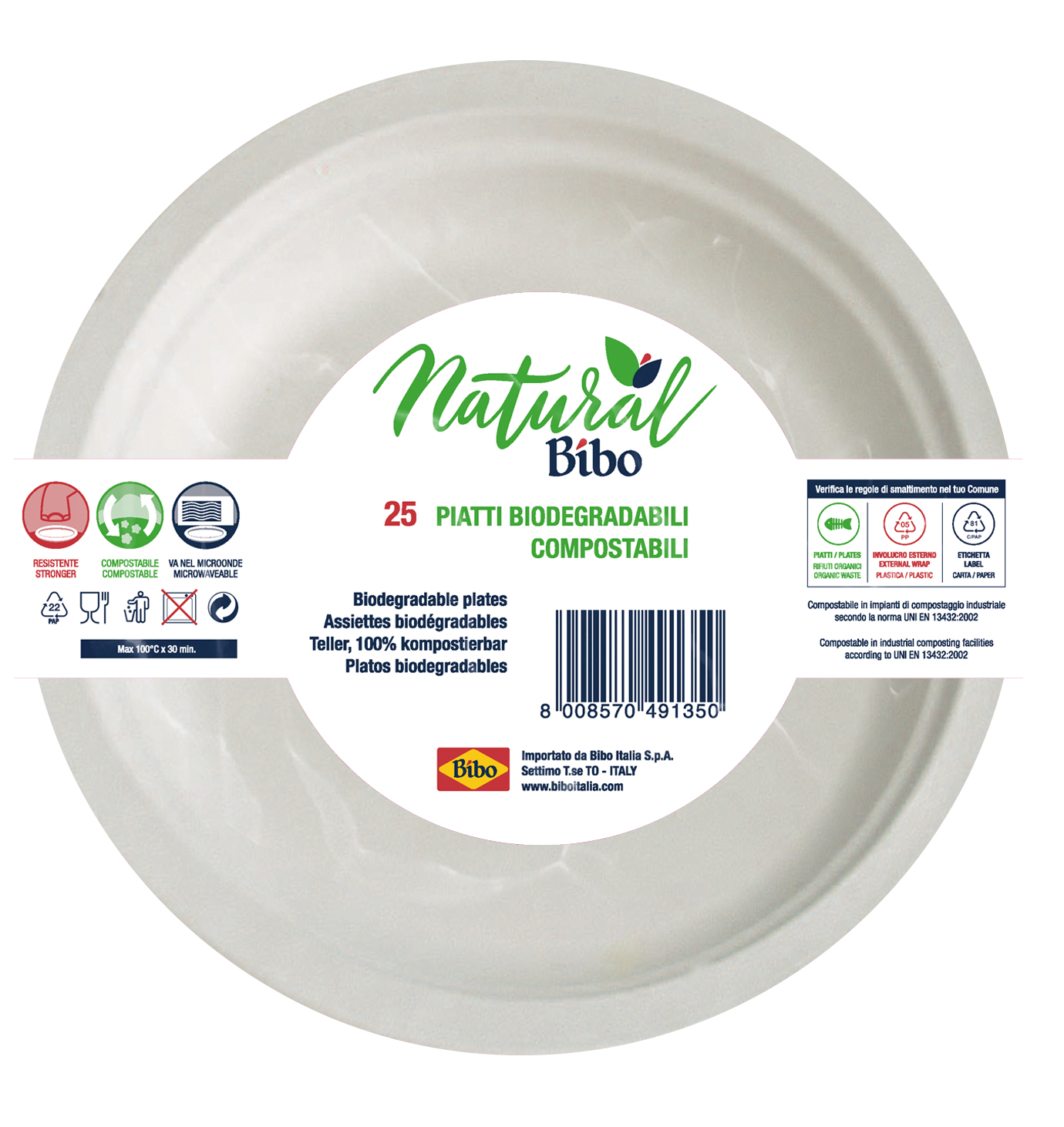 BIBO 25 Piatti In Polpa Di Cellulosa Da 22cm Biodegradabili E Compostabili