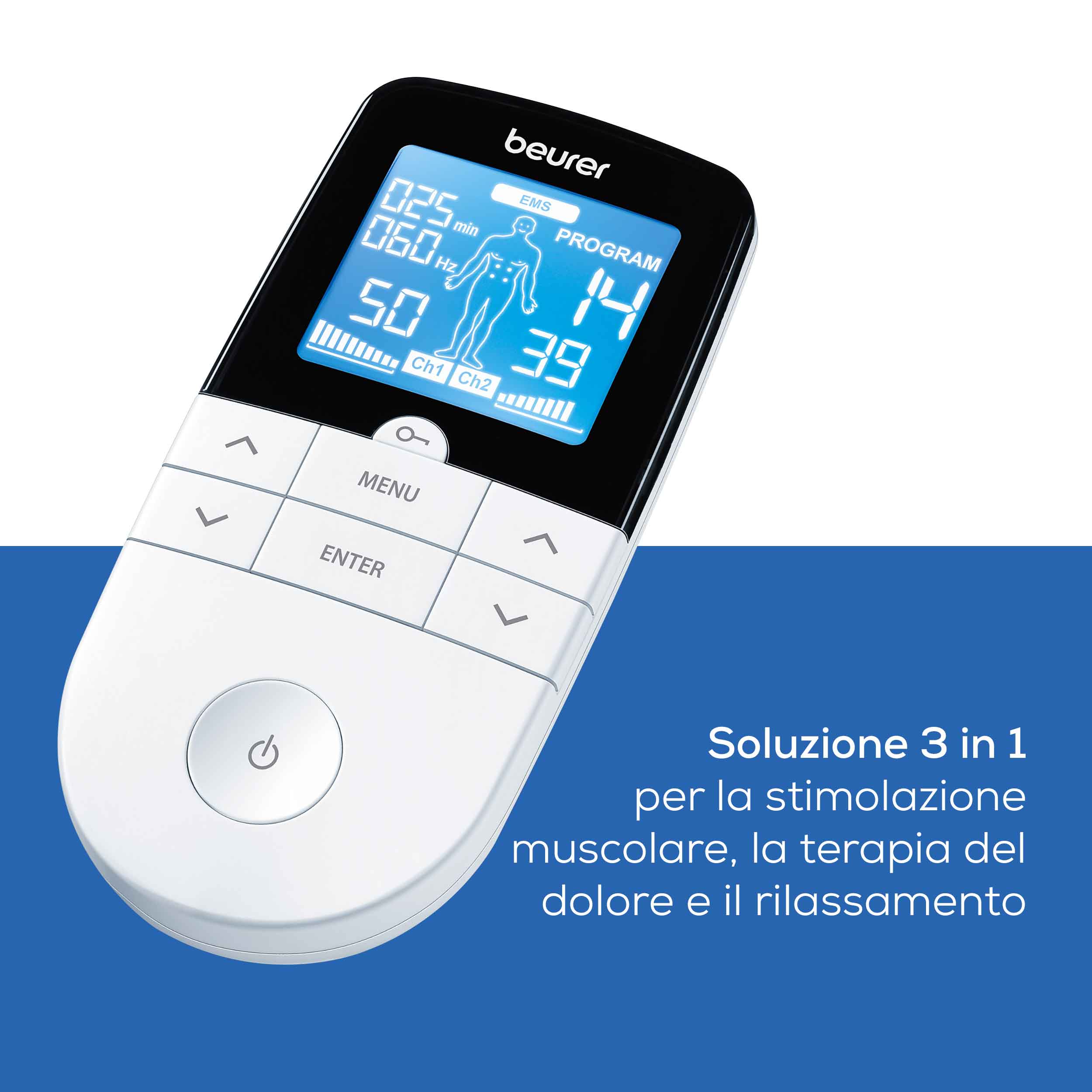 Beurer EM 49 Elettrostimolatore Digitale TENS EMS con Funzione Massaggio Relax, Bianco/Nero