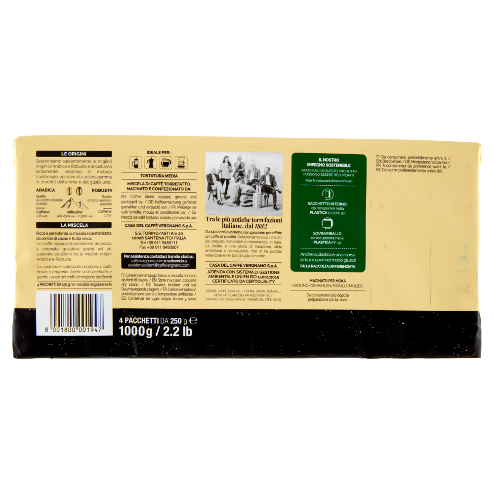 Caffè Vergnano 1882 Granaroma Miscela Classica Macinatura Moka 4 x 250 g