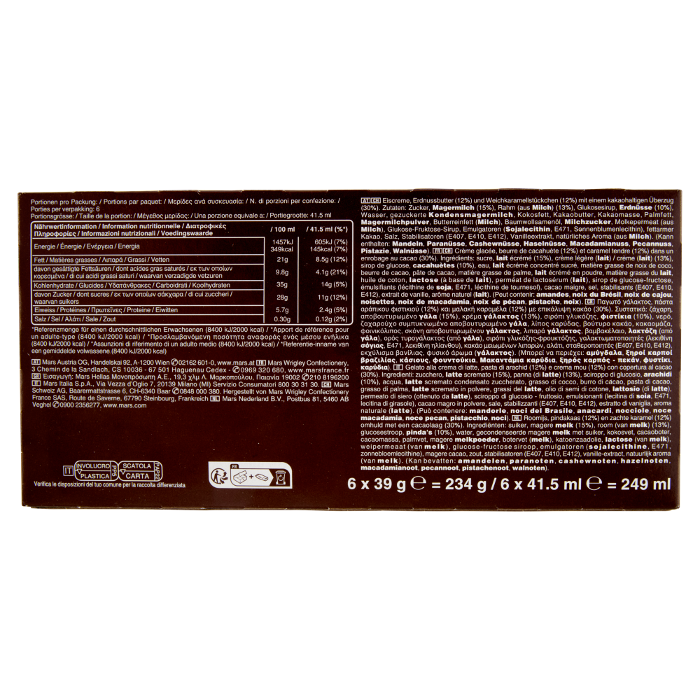 Snickers Barretta Gelato al cioccolato con burro d'arachidi e arachidi tostate, Multipack da 6 x 39g