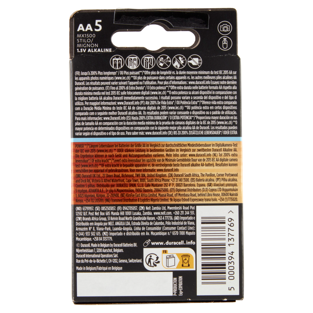 Duracell Optimum AA Batterie Stilo Alcaline 1.5 V LR06 MX1500 confezione da 5 Pile Duracell