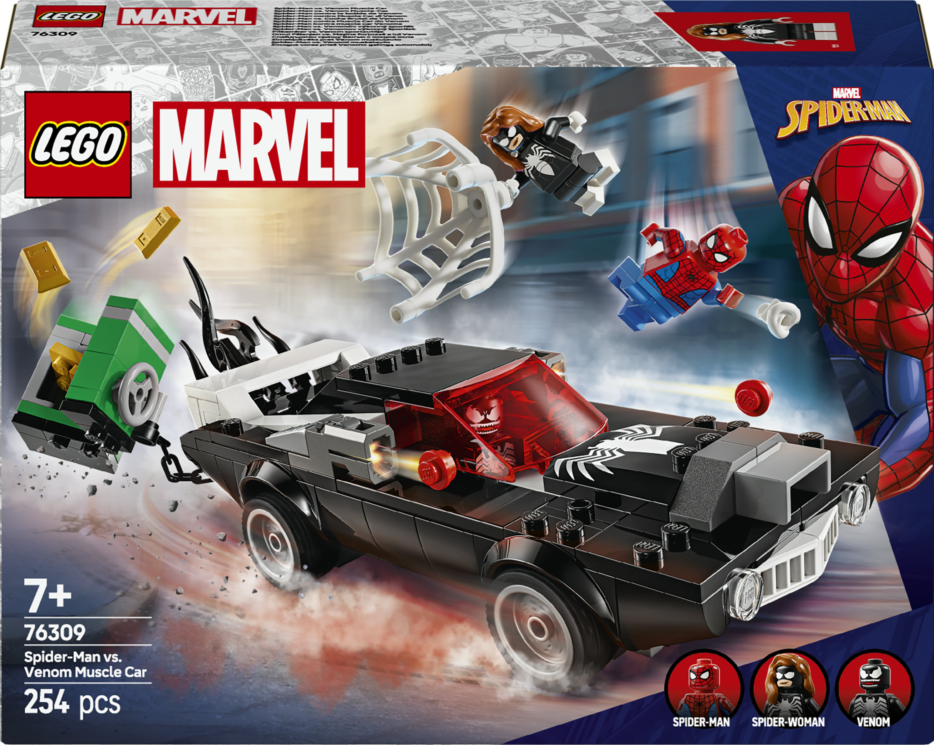 LEGO | Marvel 76309 Spider-Man Contro Muscle Car di Venom, Macchina Giocattolo da Costruire con 3 Minifigure per Bambini 7+