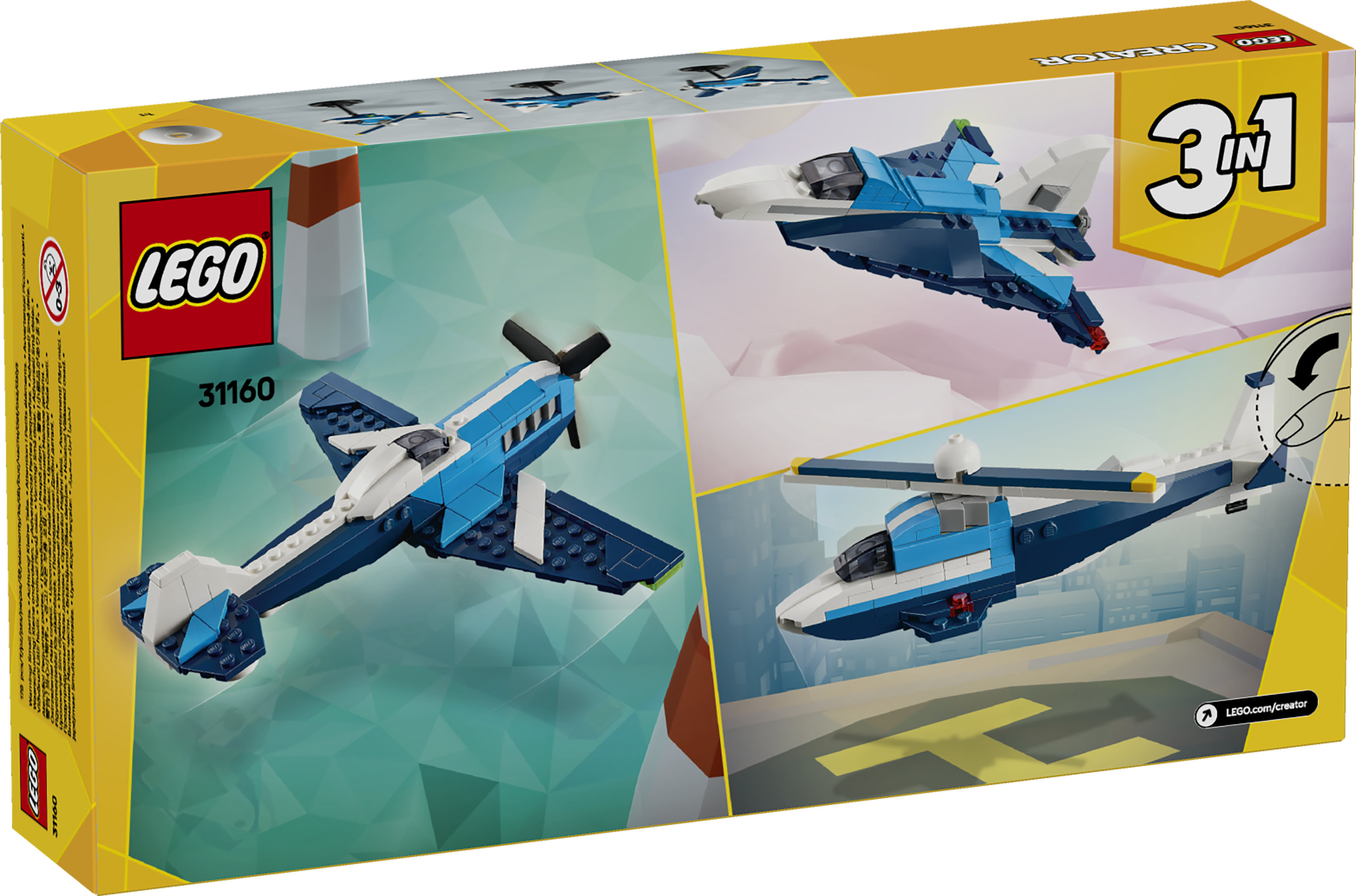 LEGO Creator 3 in 1 31160 Velivolo: Aereo da Competizione, Aeroplano Giocattolo Trasformabile in Elicottero e Jet, Bambini 7+