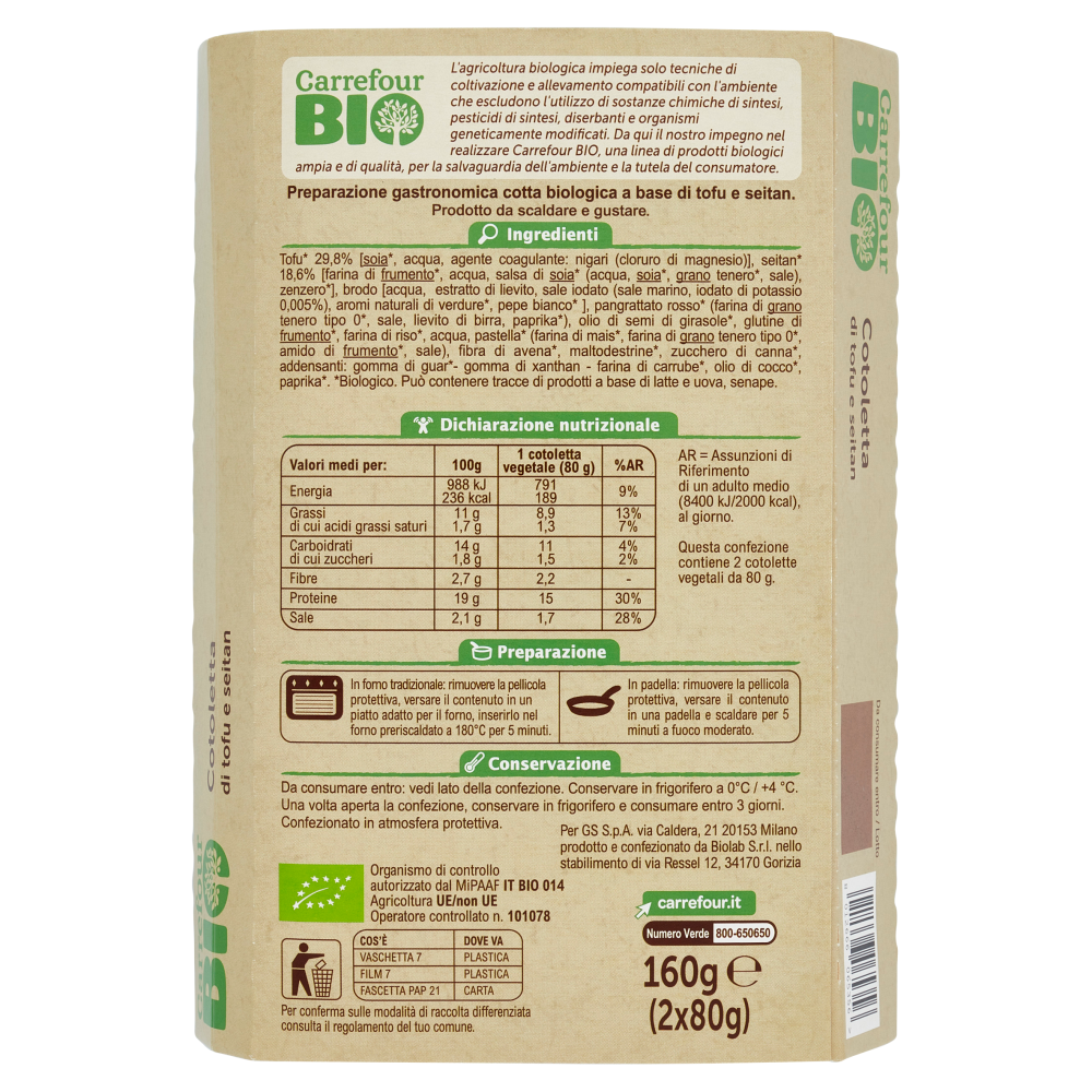 Carrefour Bio Cotoletta di tofu e seitan 2 x 80 g