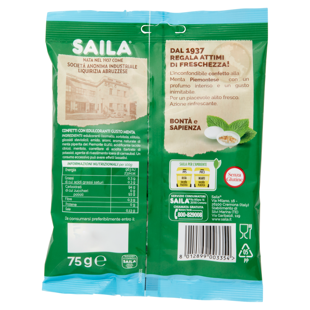 Saila alla Menta Piemontese Confetti teneri Senza Zucchero con estratto di Stevia 75 g