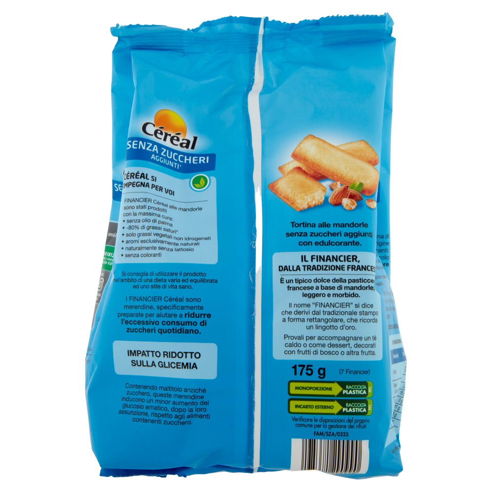 C&eacute;r&eacute;al Senza Zuccheri Aggiunti* Financier alle Mandorle Senza Olio di Palma, 7 monoporzioni - 175g