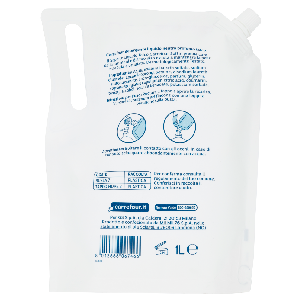 Carrefour Soft Neutro Detergente Liquido Profumo Talco Ricarica 1 L