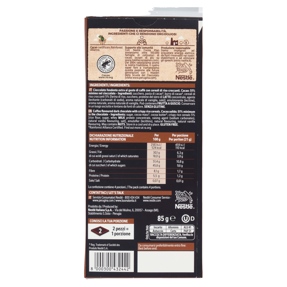 PERUGINA NERO Caffè Tavoletta Cioccolato Fondente Extra 85g