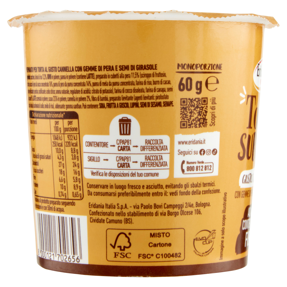 Eridania Torta Subito! Gusto Cannella con Gemme di Pera e Semi di Girasole 60 g