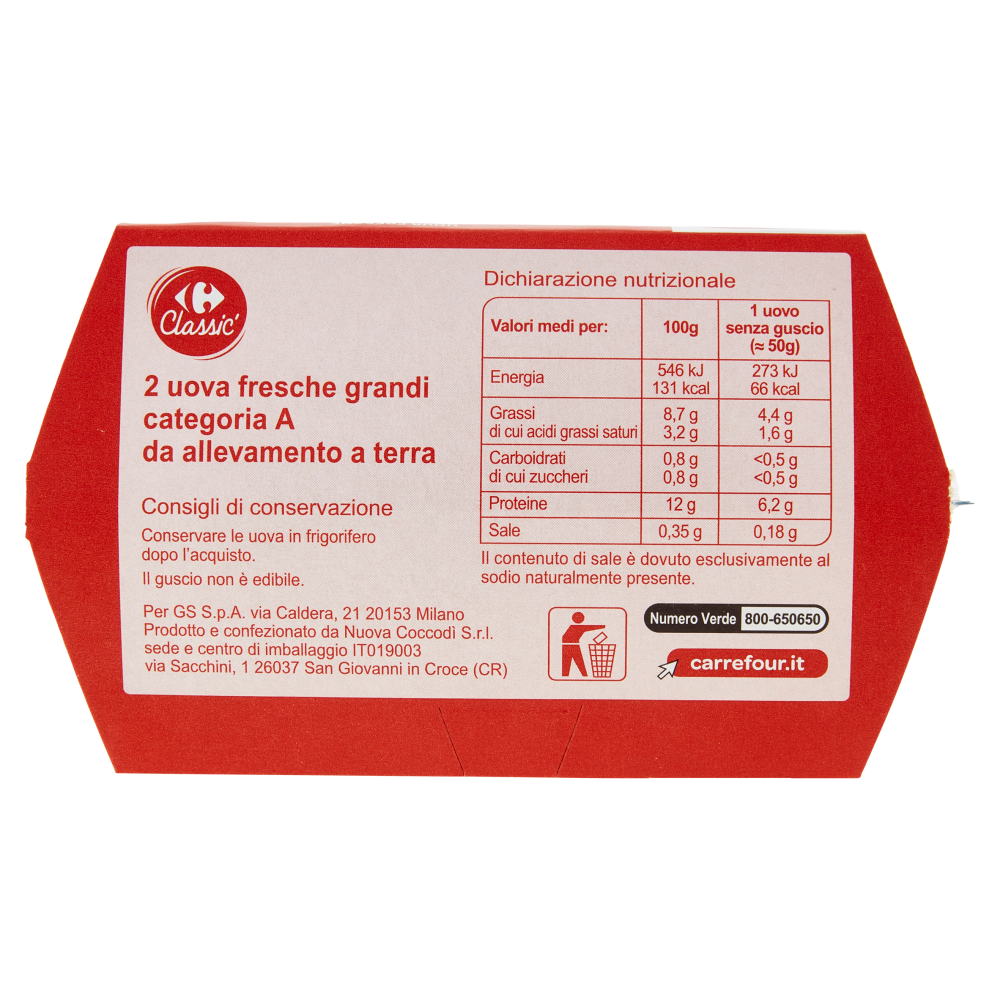 Carrefour Classic Uova Fresche da Galline Allevate a Terra Categoria A Grandi x2
