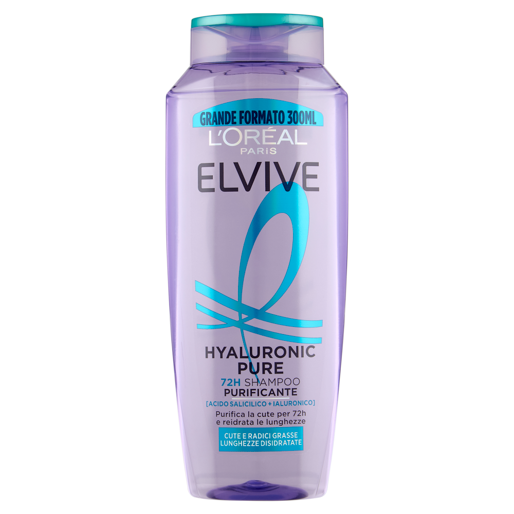 Elvive Hyaluronic Pure 72H Shampoo Purificante, per Cute e Radici Grasse, 300 ml