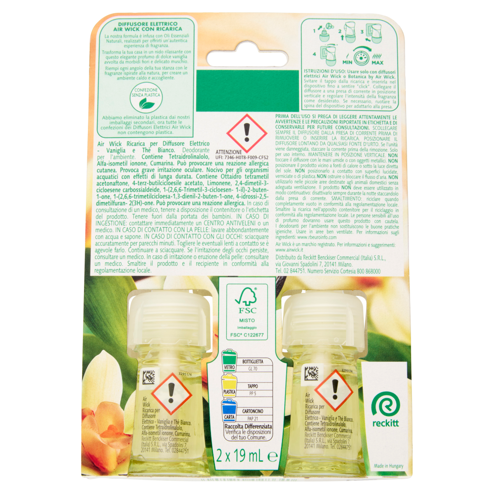Air Wick Essential Oils Vaniglia e Thè Bianco Ricarica per Diffusore Elettrico 2 x 19 ml