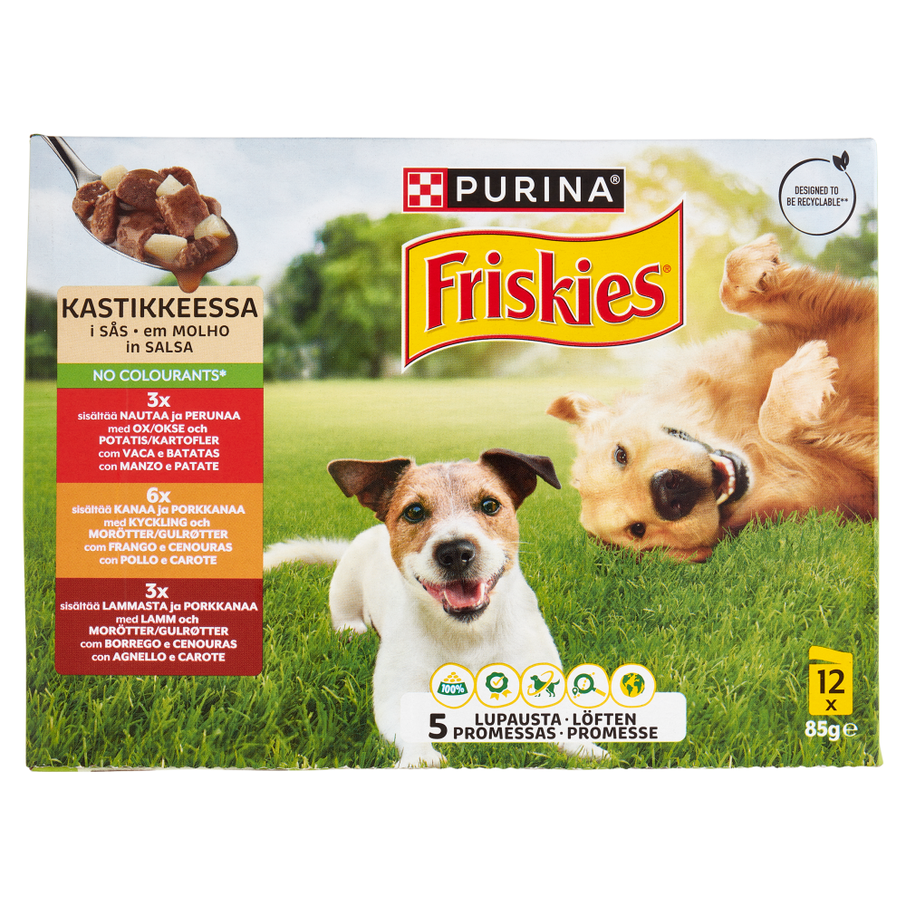 PURINA FRISKIES In Salsa Con Manzo e Patate, Pollo e Carote, Agnello e Carote 12 x 85 g