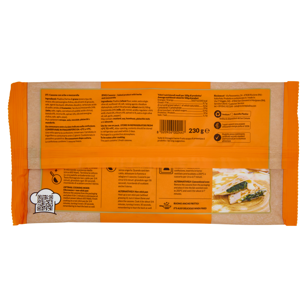 Riccionepiadina il Cassone di Riccione Piadina Erbe e Mozzarella 1 pz 230 g