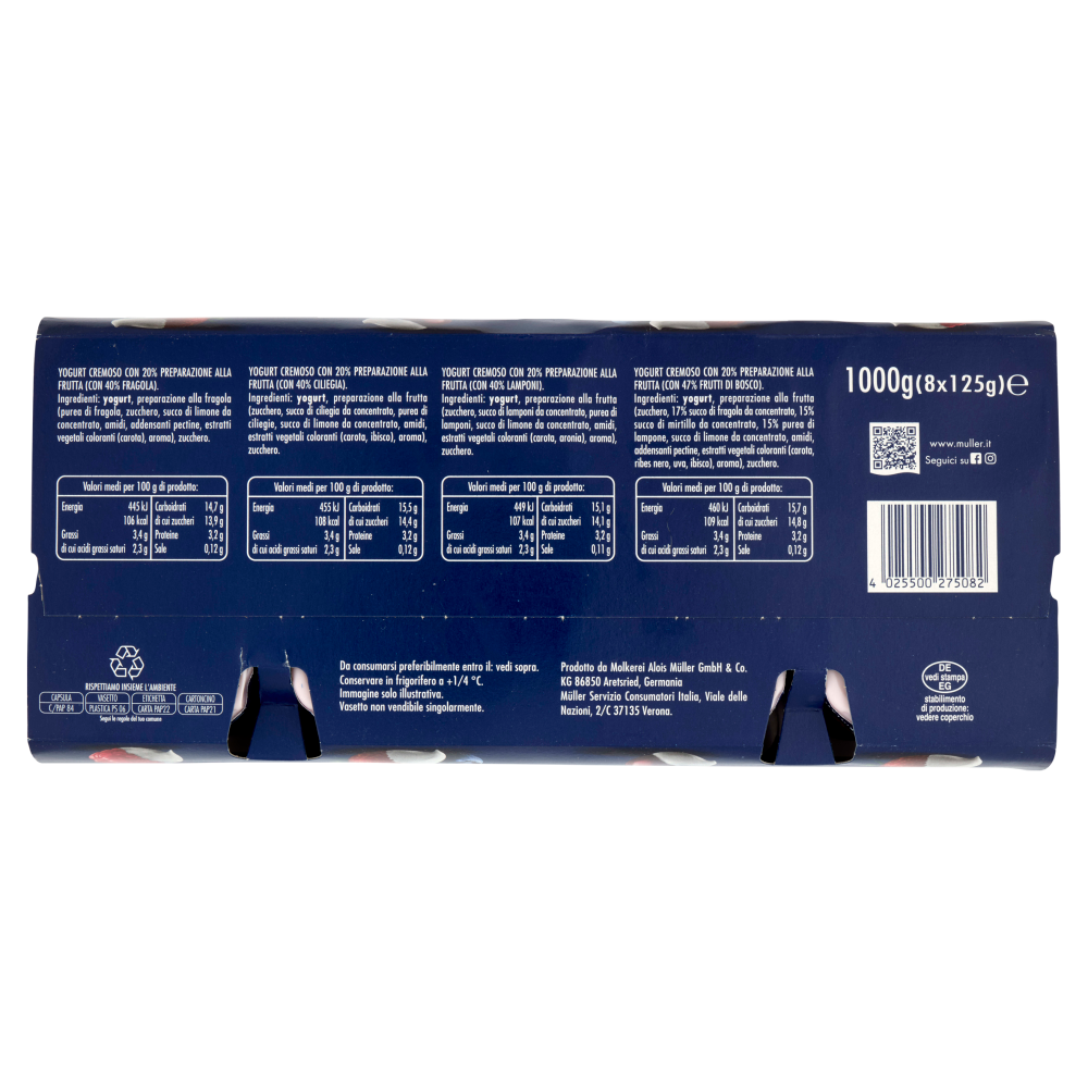müller Yogurt Cremoso con Frutta Frullata Fragola, Ciliegia, Frutti di Bosco, Lampone 8 x 125 g