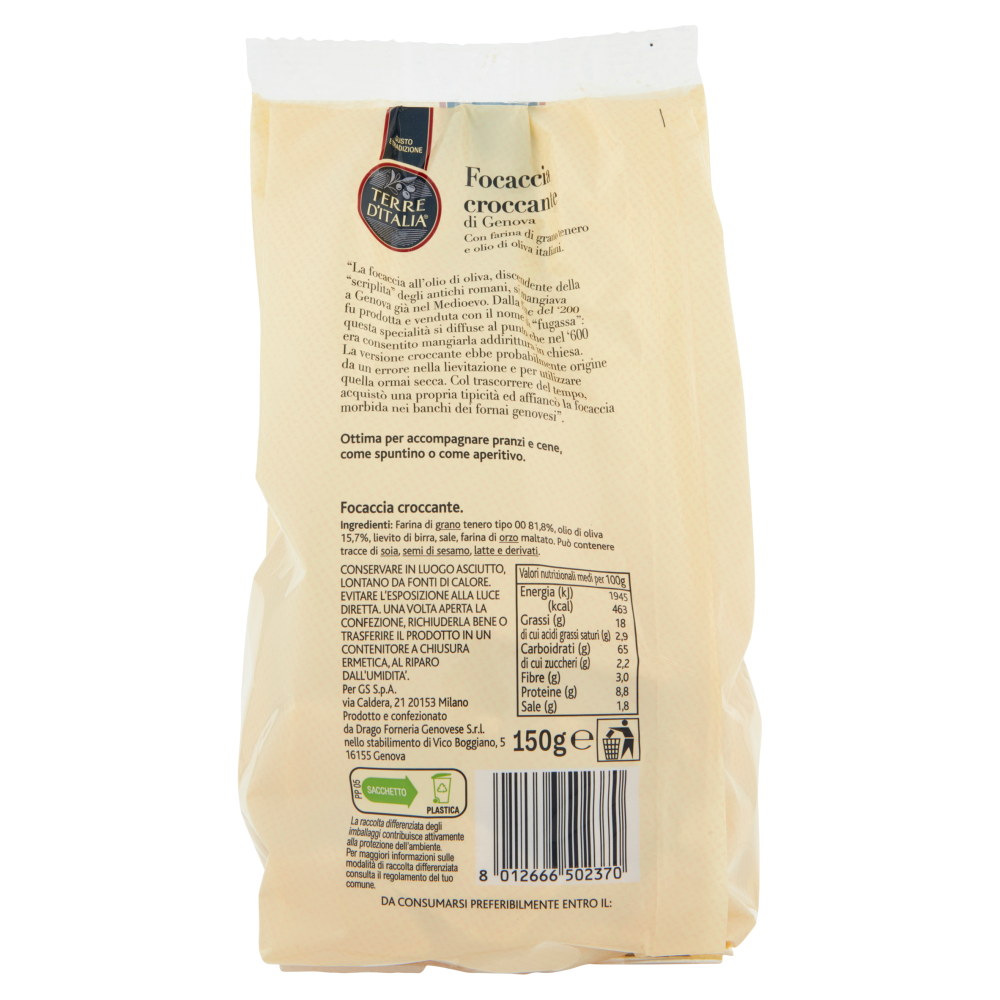 Terre d'Italia Focaccia croccante di Genova a tocchetti 150 g
