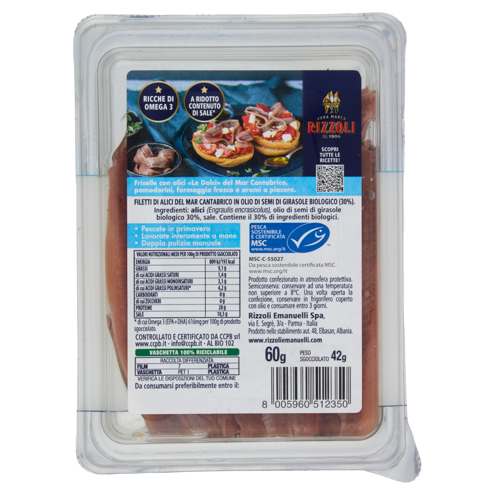 Rizzoli le Dolci del Mar Cantabrico Filetti di Alici in Olio Bio 60 g