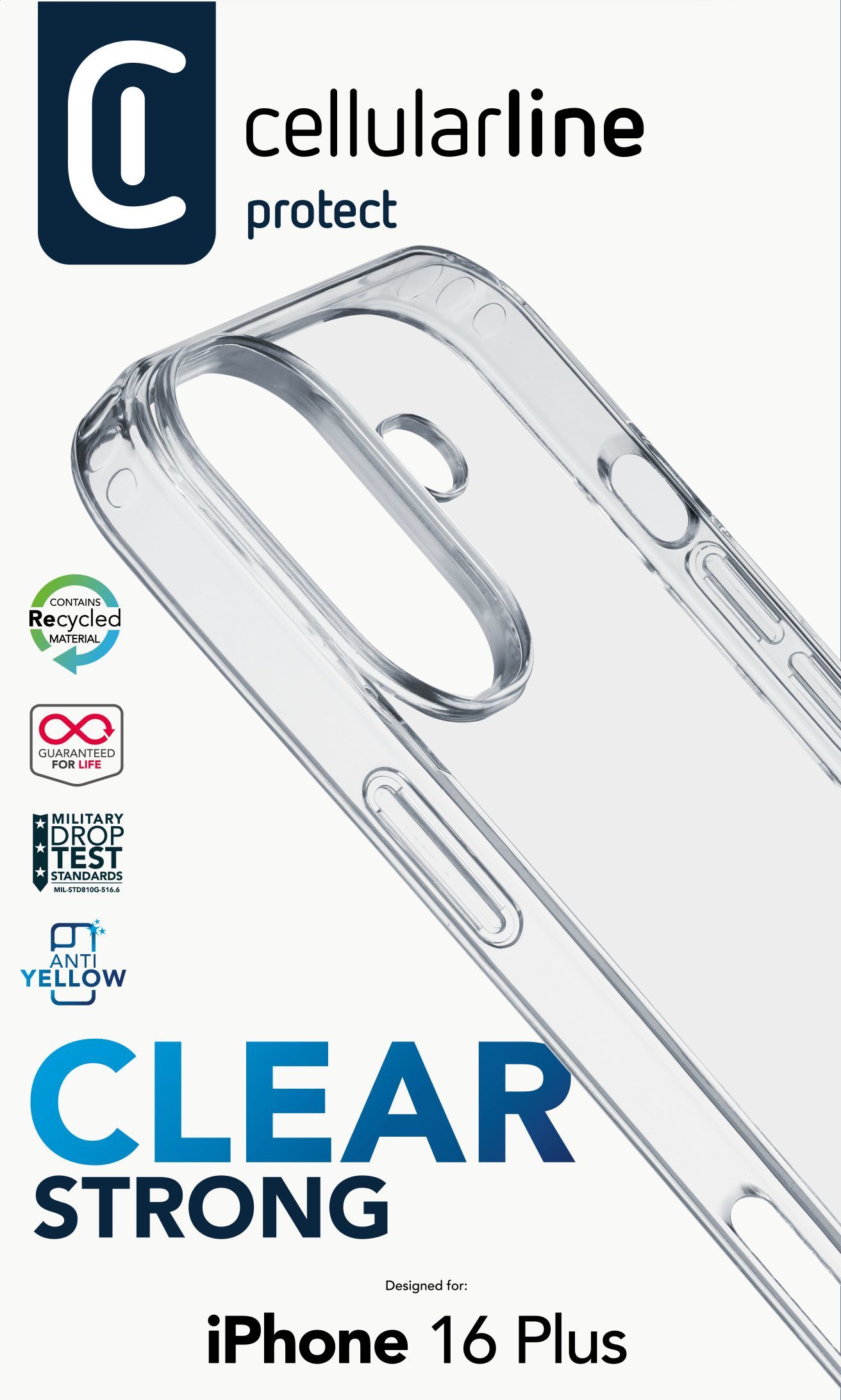 Cellularline Clear Strong - iPhone 16 Plus Custodia rigida con bordi in gomma