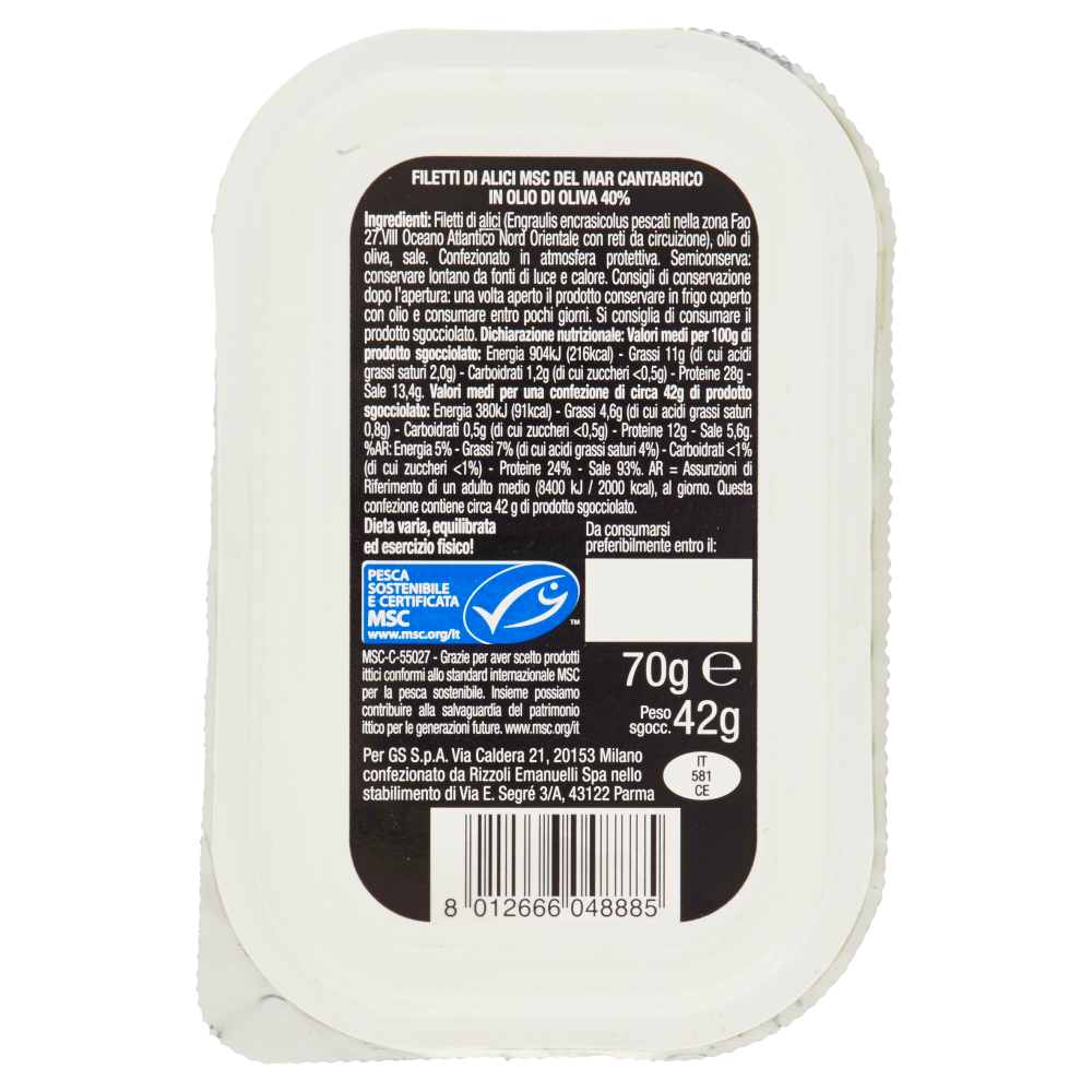 Carrefour Selection Filetti di Alice in Olio d'Oliva origine: Mar Cantabrico 70 g