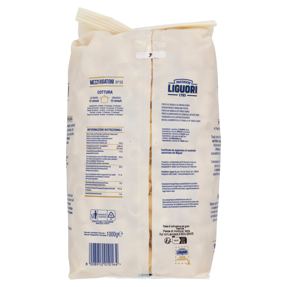 Pastificio Liguori Pasta di Gragnano I.G.P. Mezzi Rigatoni N°38 1000 g