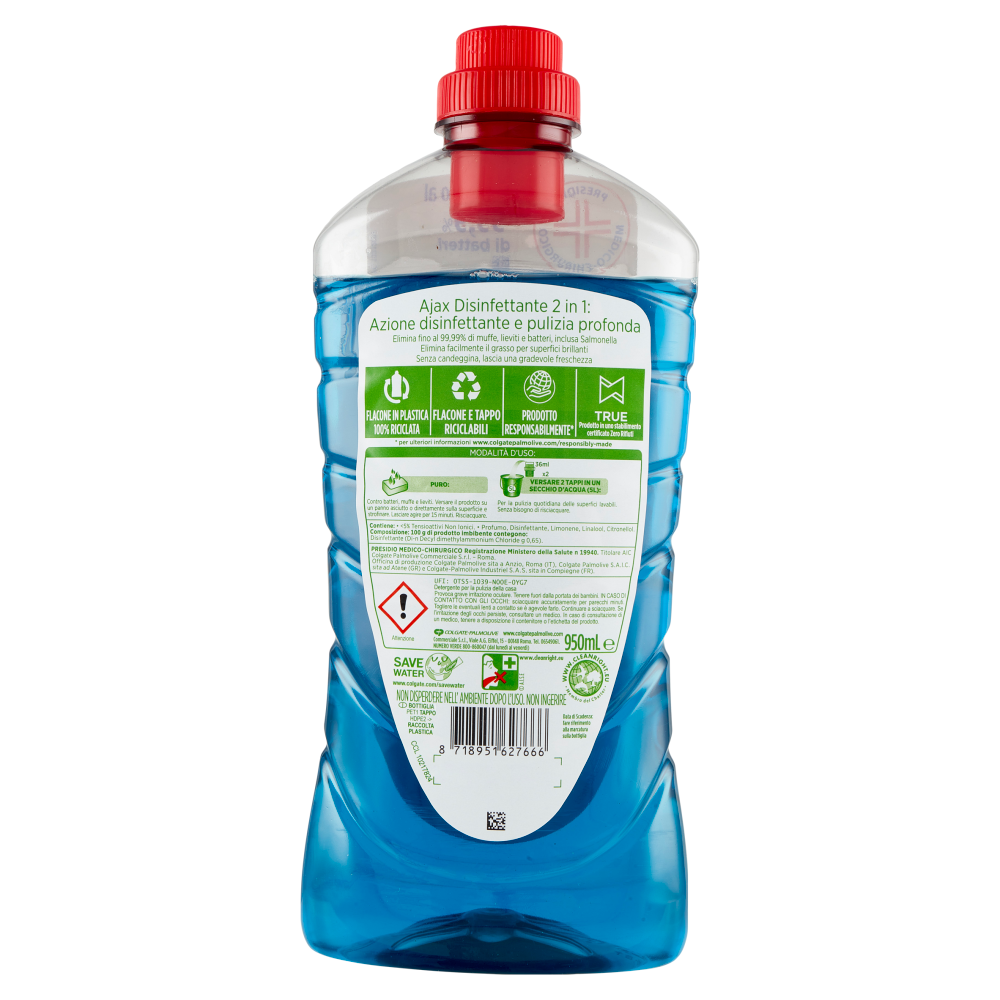 Ajax detersivo pavimenti Disinfettante multisuperficie senza candeggina 950 ml