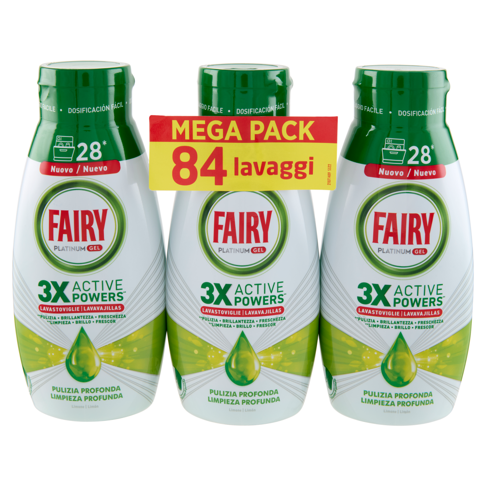 Fairy Gel Lavastoviglie Platinum Pulizia Profonda, Detersivo Piatti Limone 3x28=84 Lavaggi 3x504ml