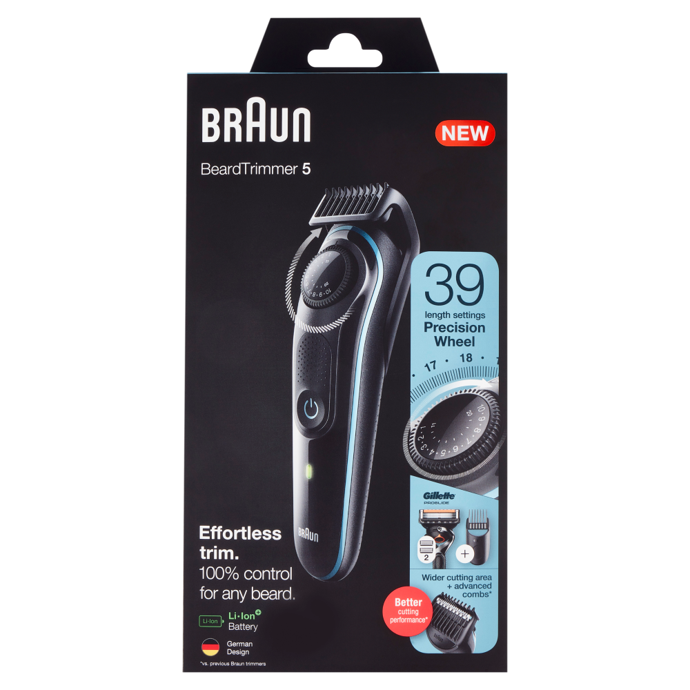 Braun BT5340 Rasoio Regolabarba, Tagliacapelli Uomo con 39 Impostazioni di Lunghezza, Nero/Blu