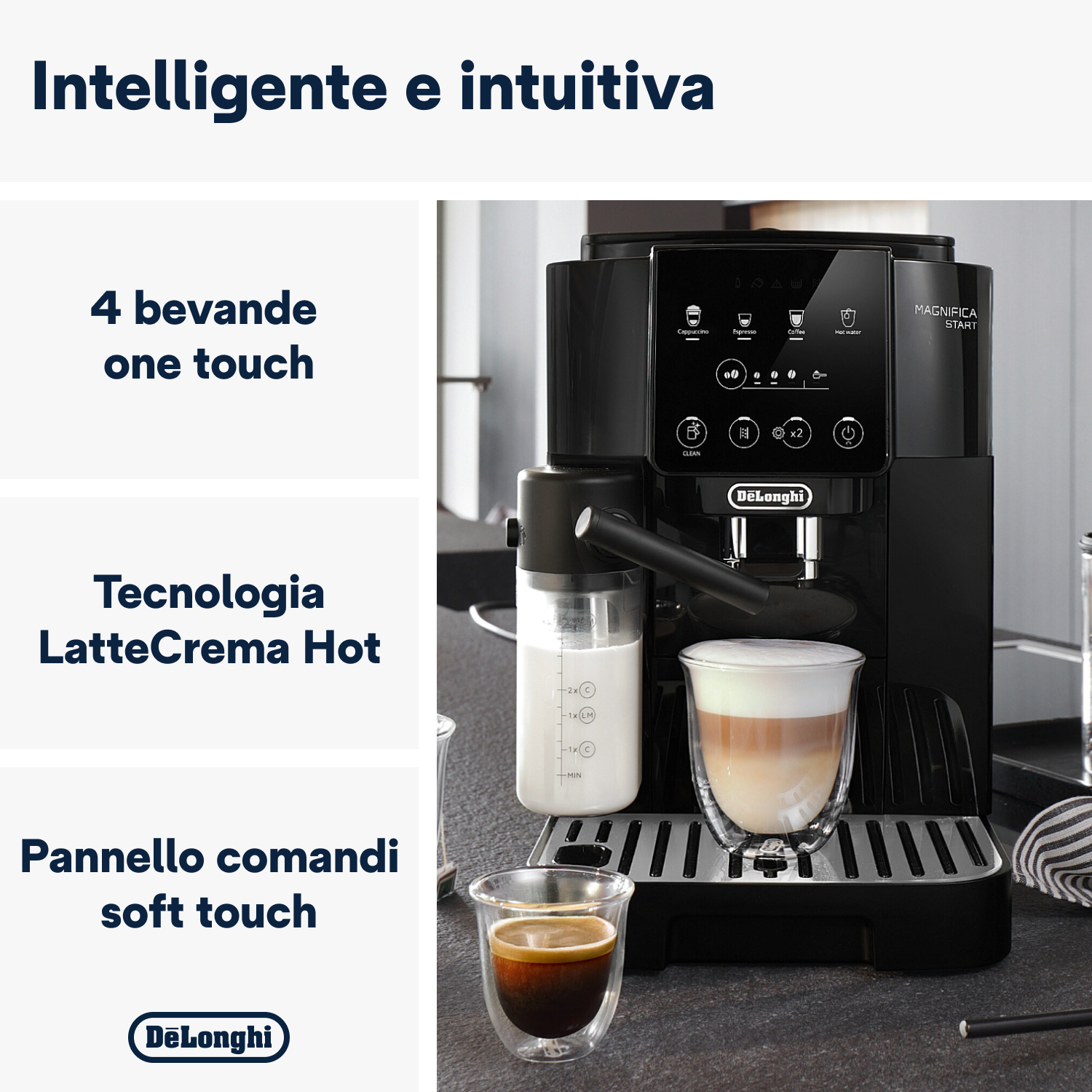 De&rsquo;Longhi Magnifica Start ECAM220.60.B, Macchina Automatica per Caff&egrave; in Chicchi, Cappuccino al tocco di un tasto con la Caraffa Montalatte Automatica, 4 bevande dirette, Pannello Comandi con Icone Retroilluminate, Black