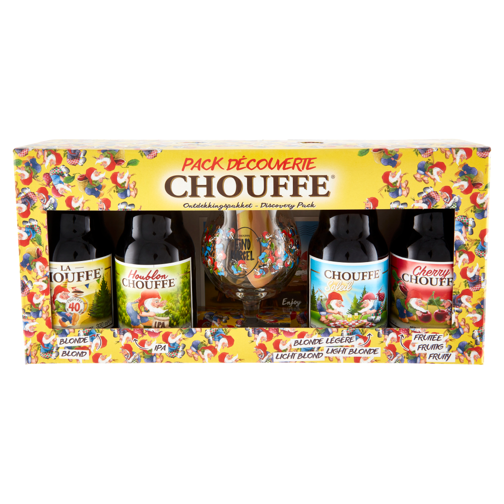 Chouffe Discovery Pack la Chouffe, Chouffe Cherry, Chouffe Lite 4%, Chouffe IPA 4x330ml+1 Bicchiere