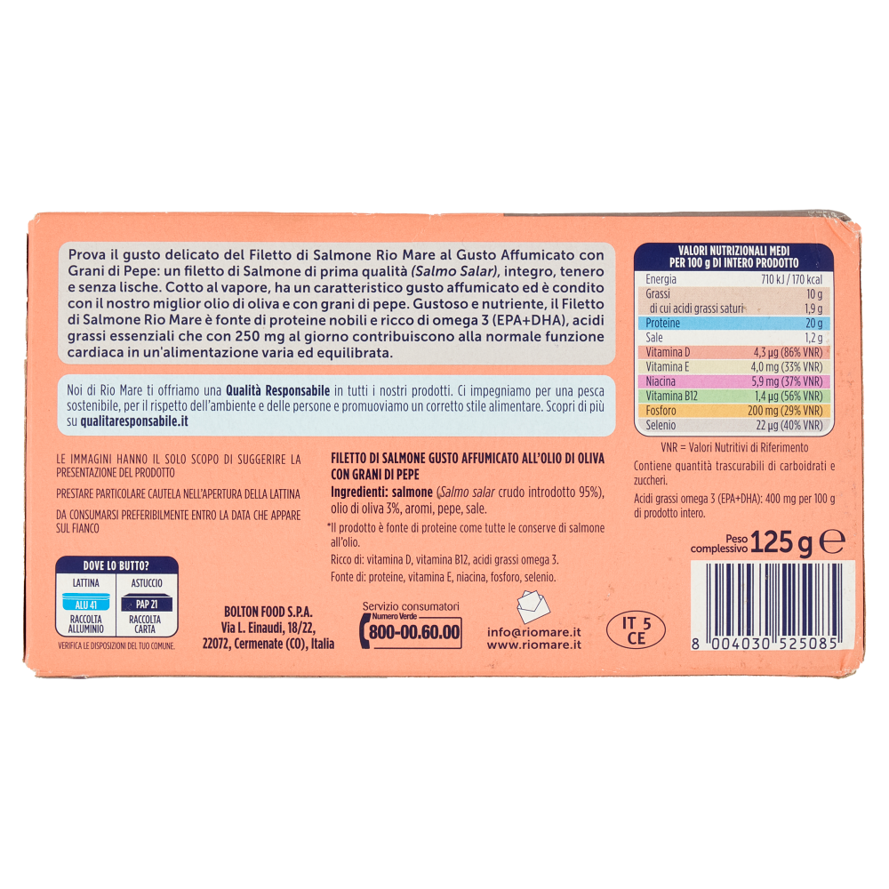 Rio mare Filetto di Salmone all'Olio di Oliva Gusto Affumicato con Grani di Pepe al Vapore 125 g