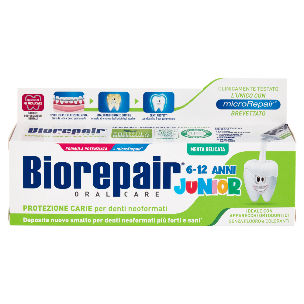 Biorepair Protezione Carie per denti neoformati Junior 6-12 Anni Menta Delicata 75 ml