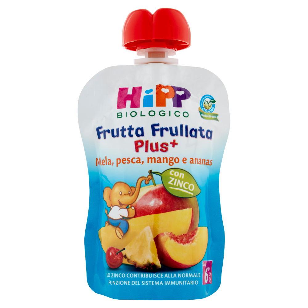 HiPP Biologico Frutta Frullata Plus⁺ Mela, pesca, mango e ananas con zinco 90 g