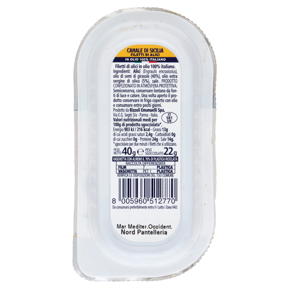 Rizzoli le Rizzoline Canale di Sicilia Filetti di Alici in Olio 100% Italiano 40 g