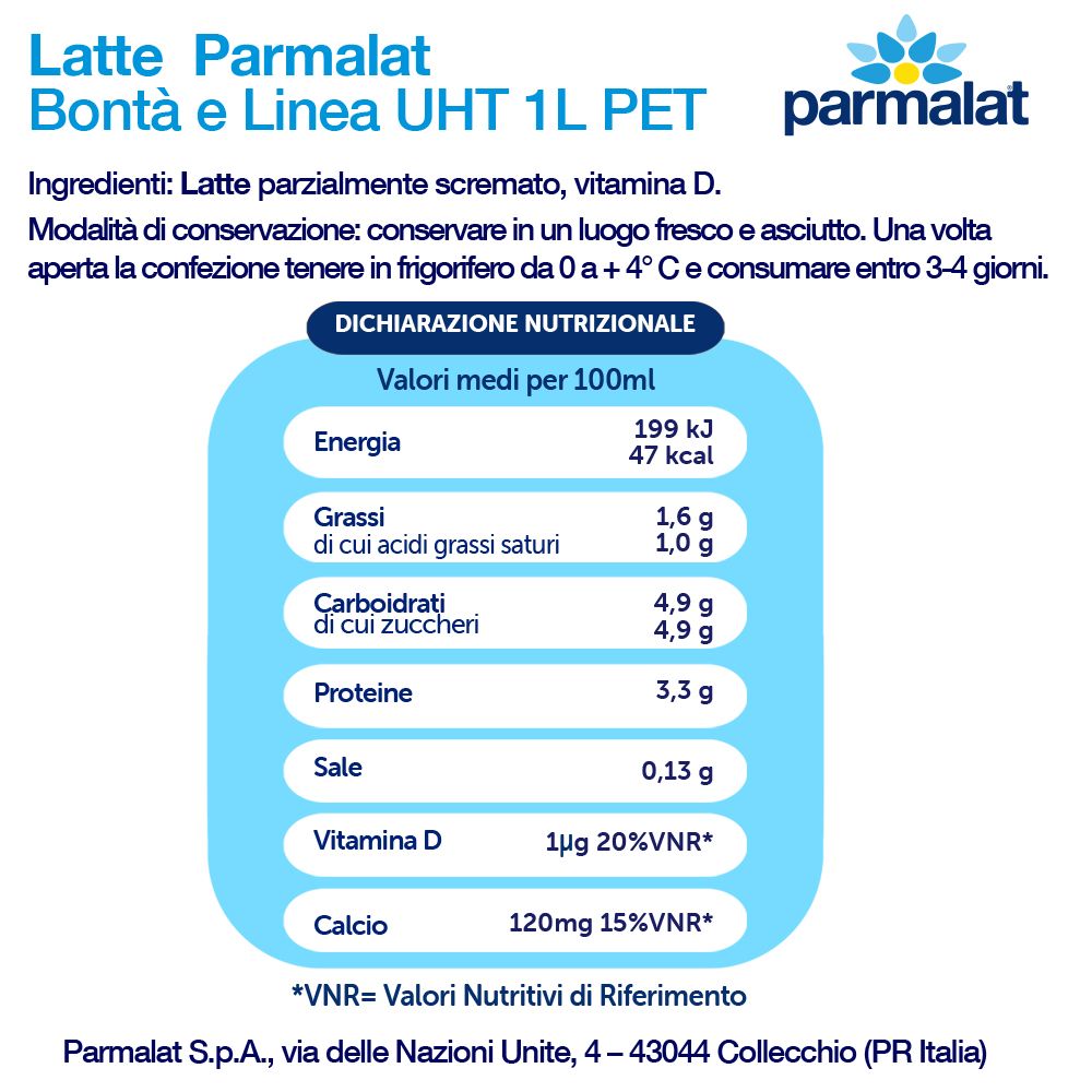 Parmalat Bonta e Linea Latte UHT Parzialmente Scremato 100% Italiano 1000 ml