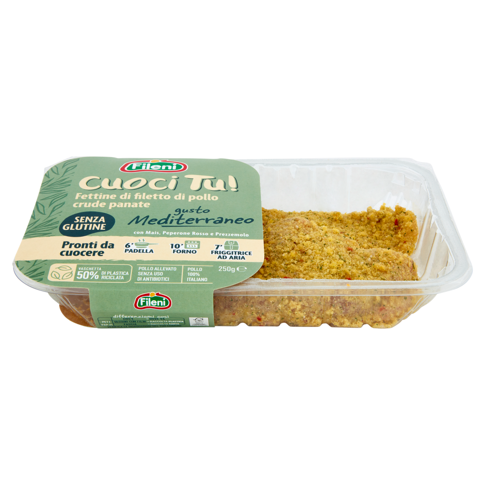 Fileni Cuoci Tu! Fettine di filetto di pollo crude panate gusto Mediterraneo 250 g