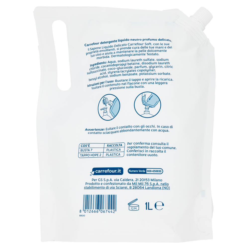 Carrefour Soft Neutro Detergente Liquido Profumo Delicato Ricarica 1 L