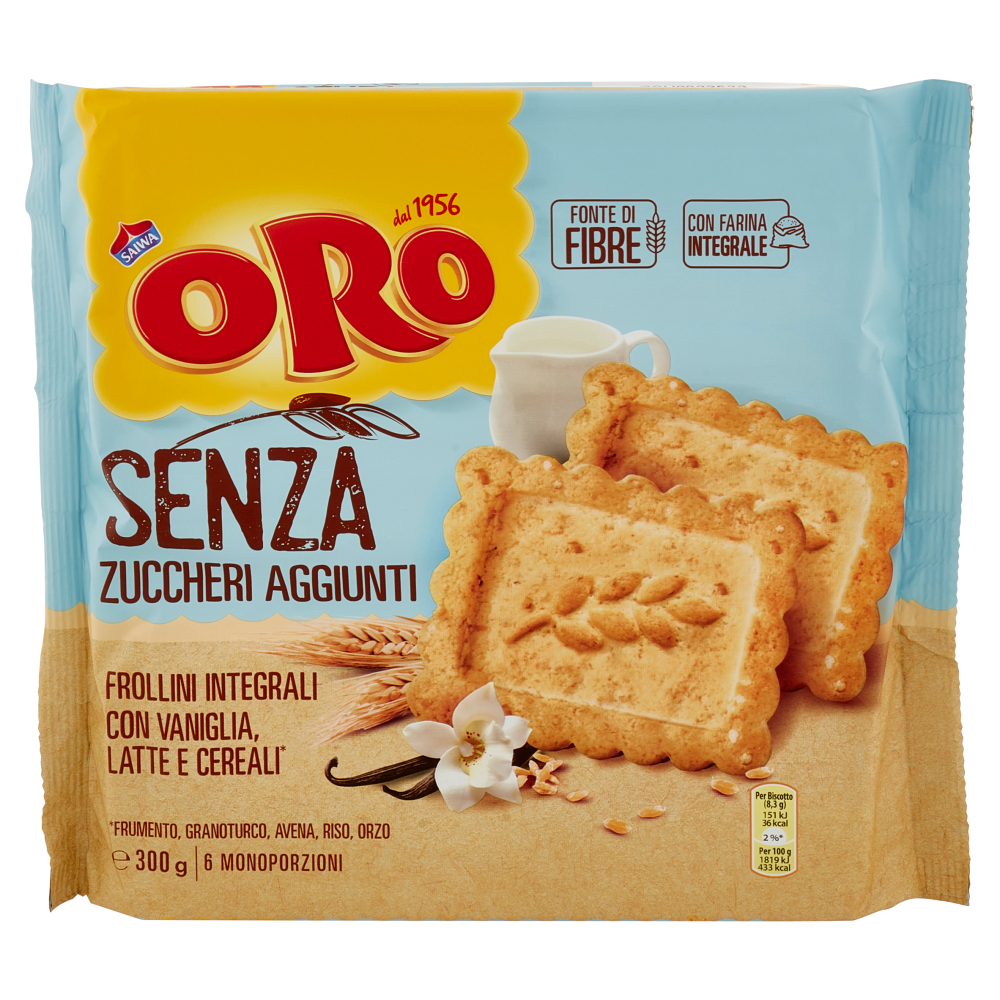 Oro Saiwa biscotti integrali con vaniglia, latte e cereali Senza Zuccheri aggiunti - 300 g