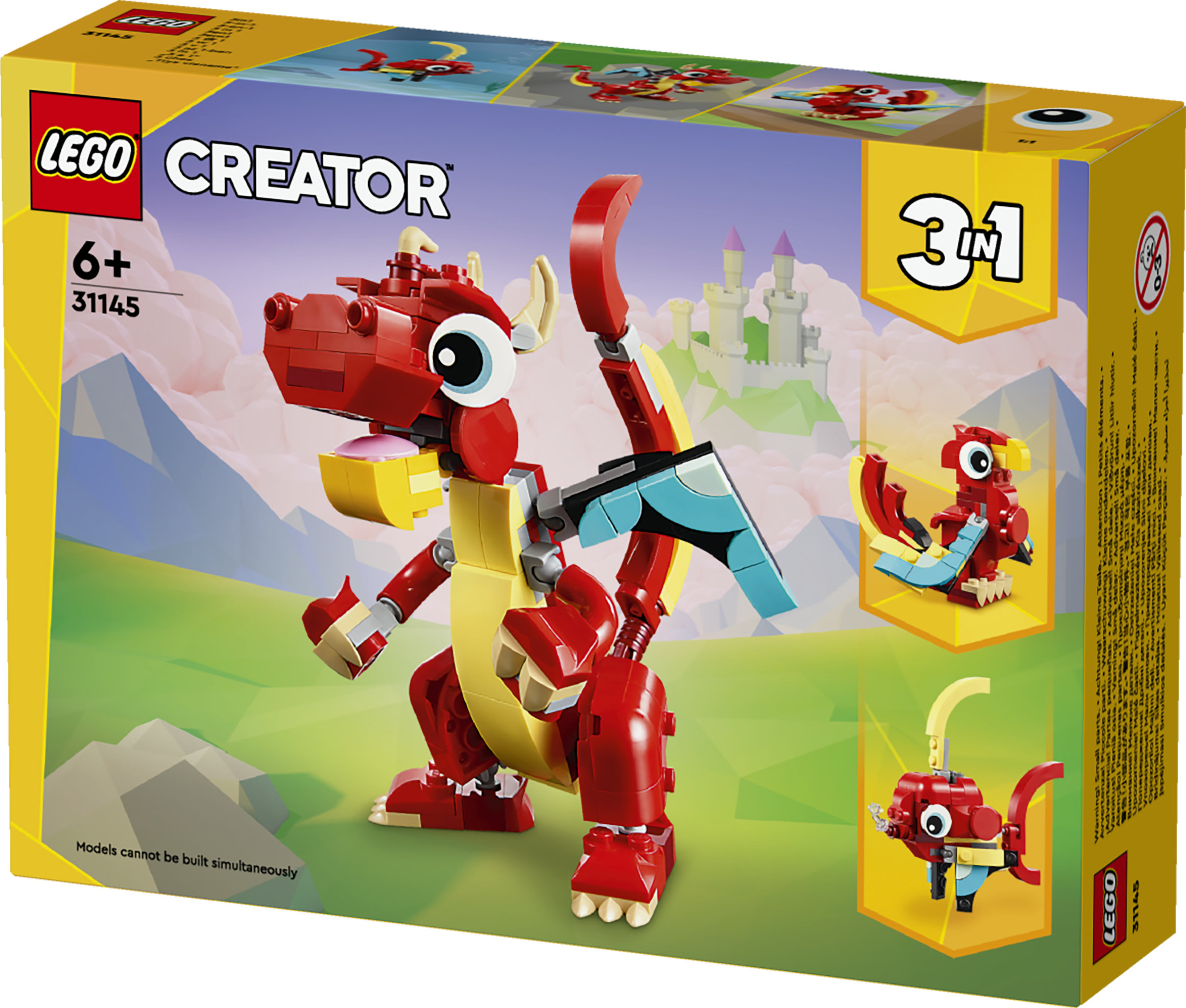 LEGO Creator 31145 3in1 Drago Rosso, Giochi per Bambini di 6+ Anni, Action Figure Ricostruibile in Pesce e Fenice Giocattolo