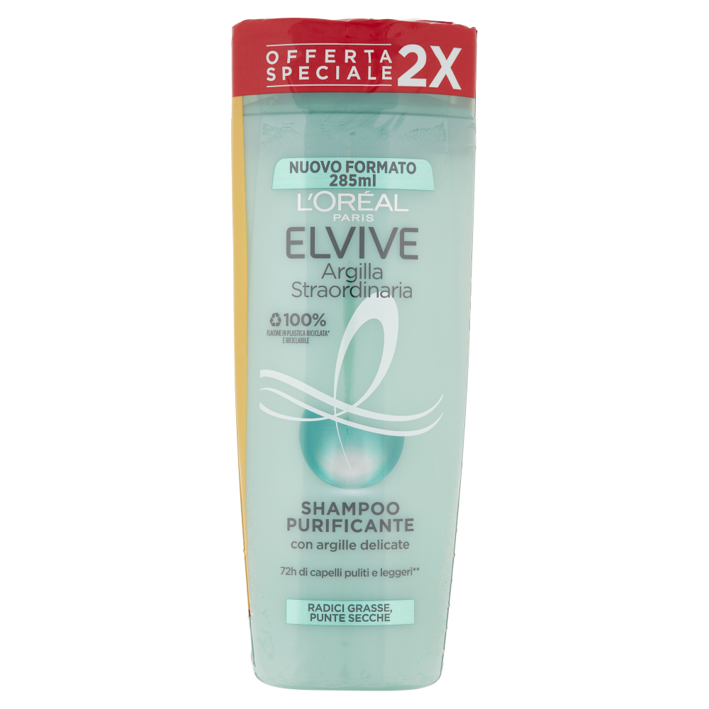 L'Or&eacute;al Paris Shampoo Elvive Argilla Straordinaria, Azione Purificante Districante, Confezione da 2